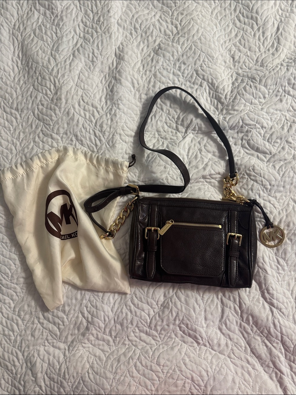 Michael Kors Dark Brown Leather Crossbody Bag with Gold Hardware